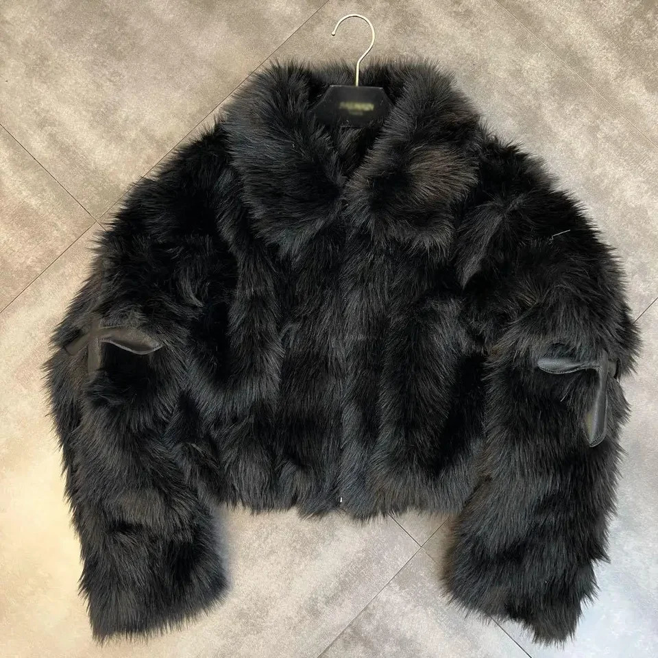 Winter Women Cotton Jacket Lapel Long Sleeve Patch Cross Short Fur Coat Black 251110