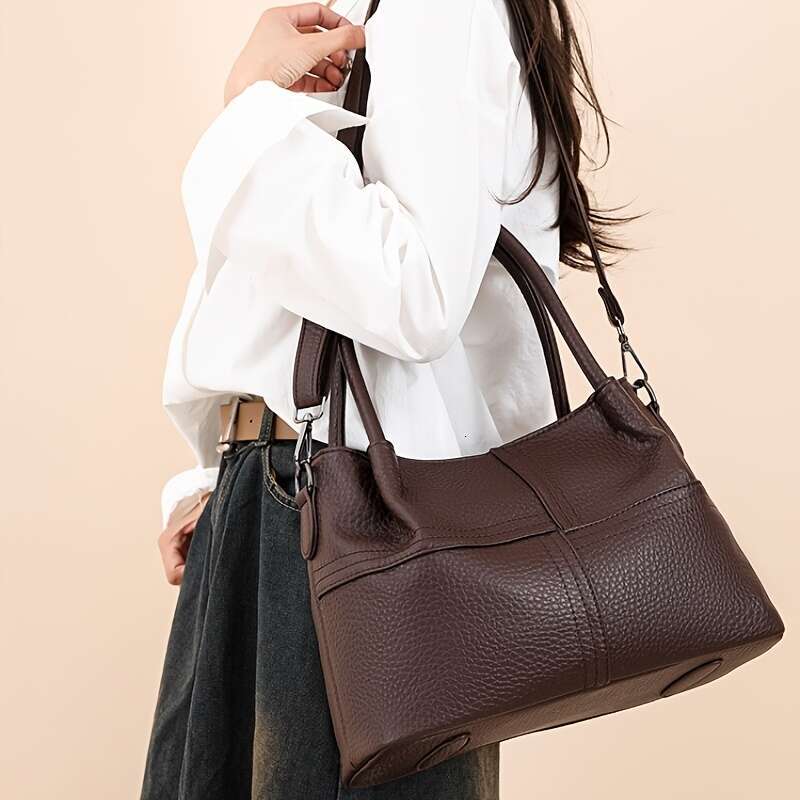 Black Lychee Pattern Women's Handbag, Dual-purpose Tote Crossbody, Large Capacity Multi-compartment Moms - Vintage Texture Shoulder Bag Suitable 