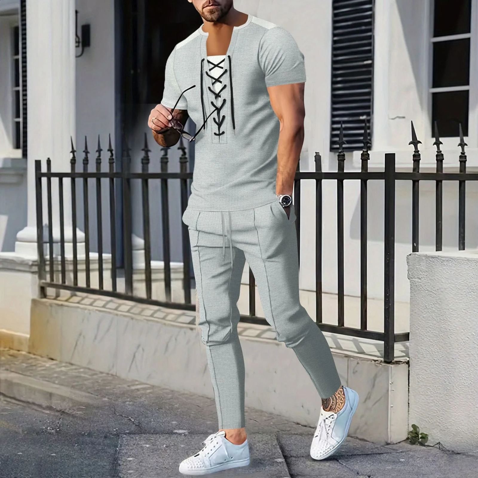The 2025 Mens casual solid color Waffle rope short-sleeved summer casual pants suit 250407