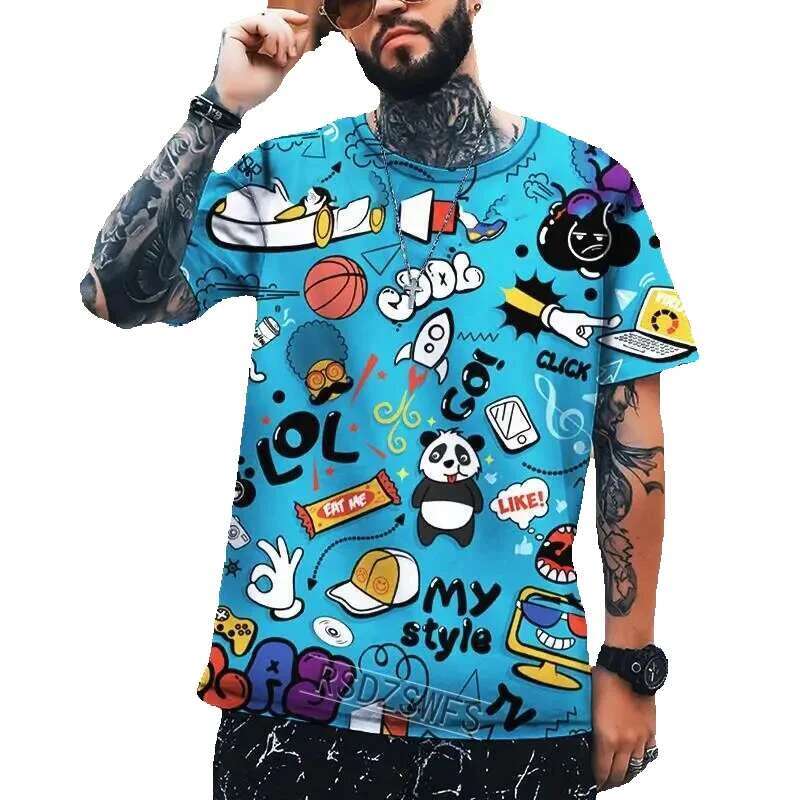Fashion graffiti pattern men's fashion street hip-hop 3D printed short sleeved cool oversized sweater T-shirt