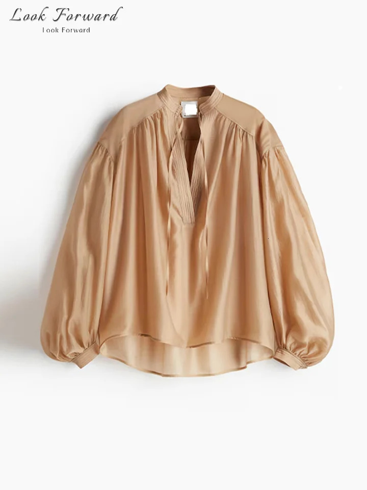 Casual Shirt Womens Loose V-neck Satin Shirt Womens Lantern Sleeve Lace Top Spring/Summer Khaki Top Womens Full Match Holiday Comfort 250409