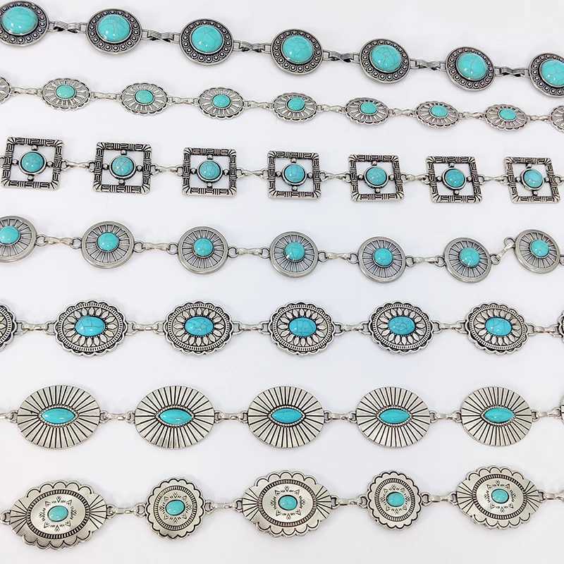 Fashion Silver Bohen Fem Round Waist Chain Luxury Blue Gemstone Elliptical Chain Belt Suitable for Womens Clothing X250410
