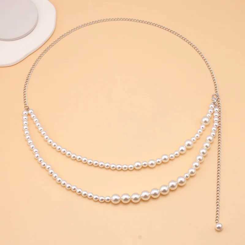 Warm and elegant Immersion pearl waist chain sexy double-layer beads shell metal chain belt hot trend body chain jewelry X250410