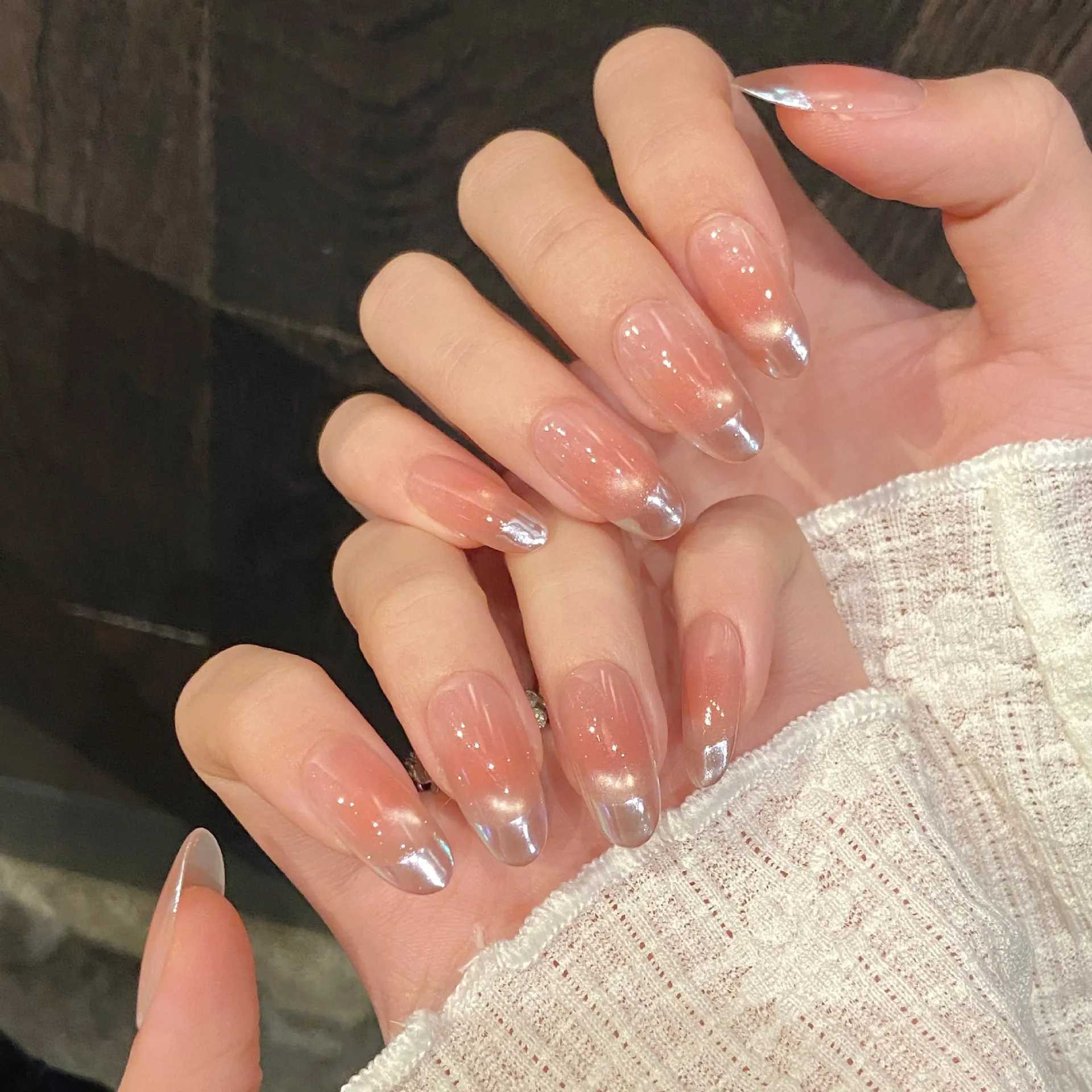 0 pieces of simple handmade fake nails with gradient pink design reusable art French cat eye oval shaped press nails W250410