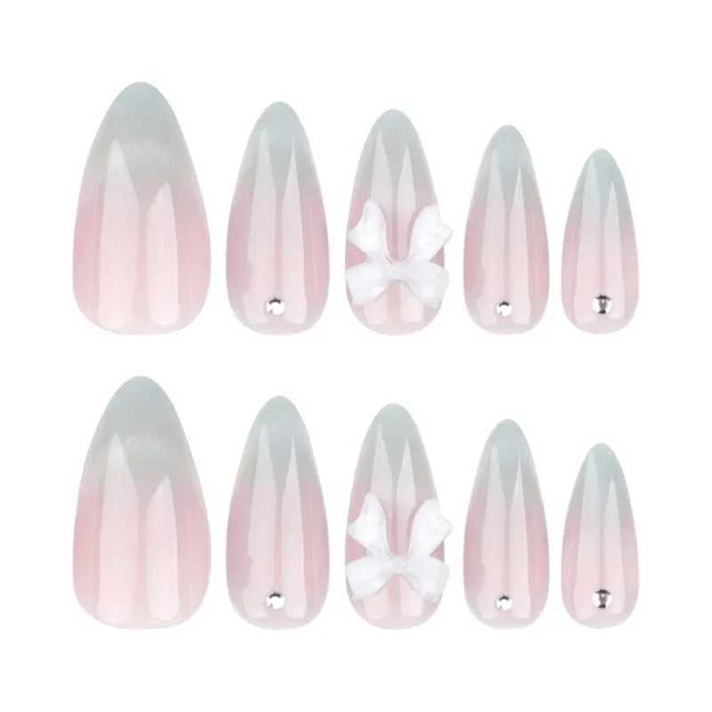 24 Sweet Cat Eye Almond French Pressing Nails with 3D Bow and Rhinestone Decoration Fully Covered with Female Fake Nails W250410