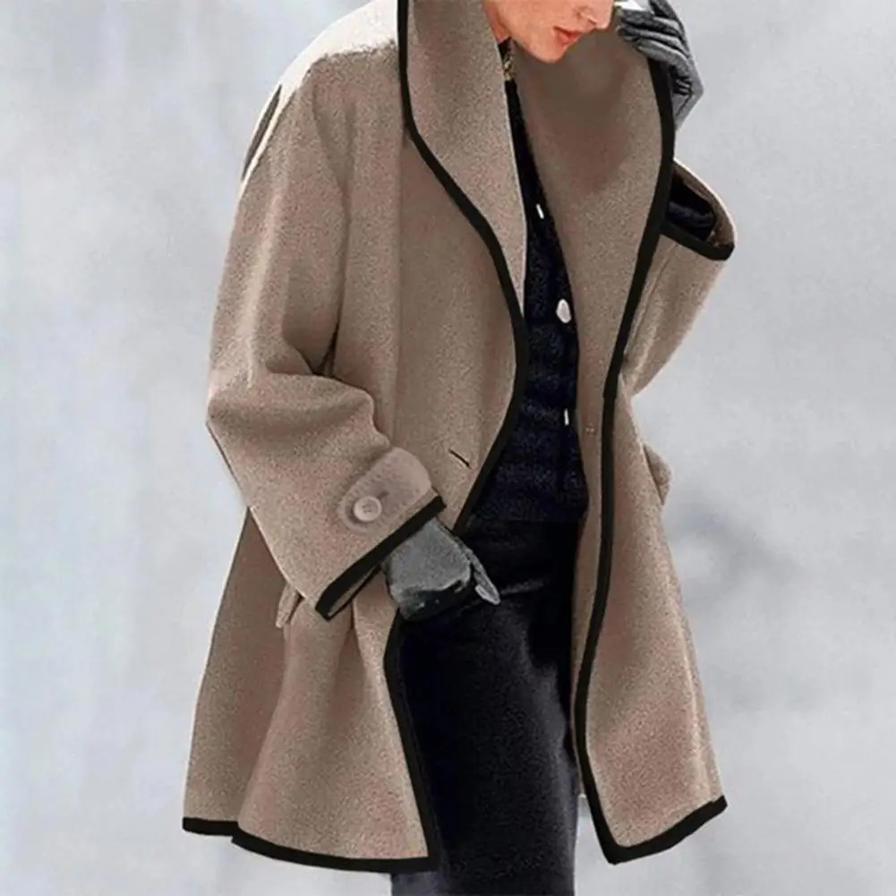 Womens hooded wool coat autumn and winter jacket loose color matching collar contrasting medium long cardigan sweater thick warm womens 250407