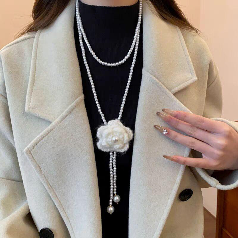 Knitted Flower Pearl Beaded Layered Crystal Necklace Super Fairy Sweet Temperament Collarbone Niche Design Sweater Chain
