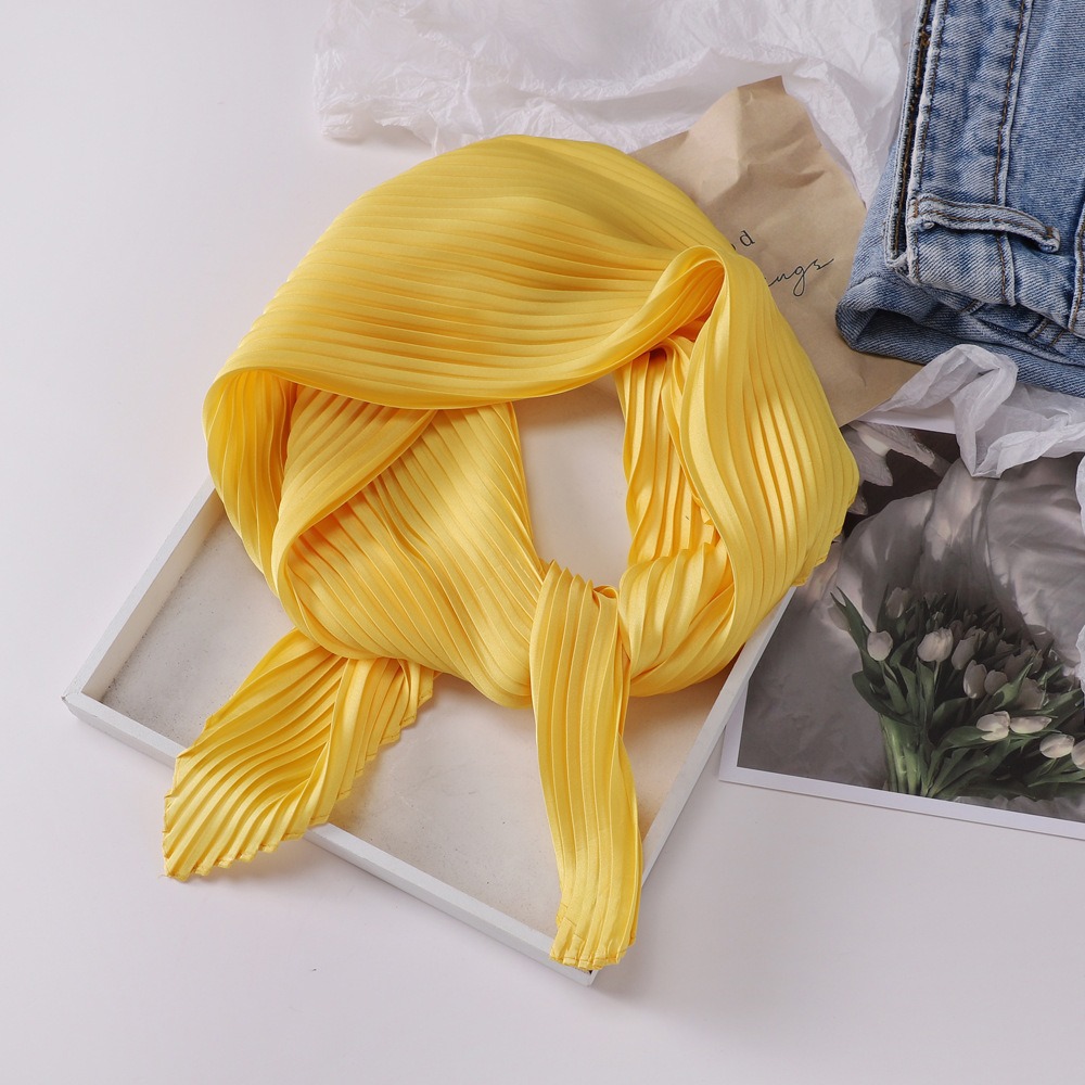 K350 70cm solid color pleated silk scarf decorative neck scarf spring and summer sun protection thin scarf versatile scarf pleated square scarf for wo