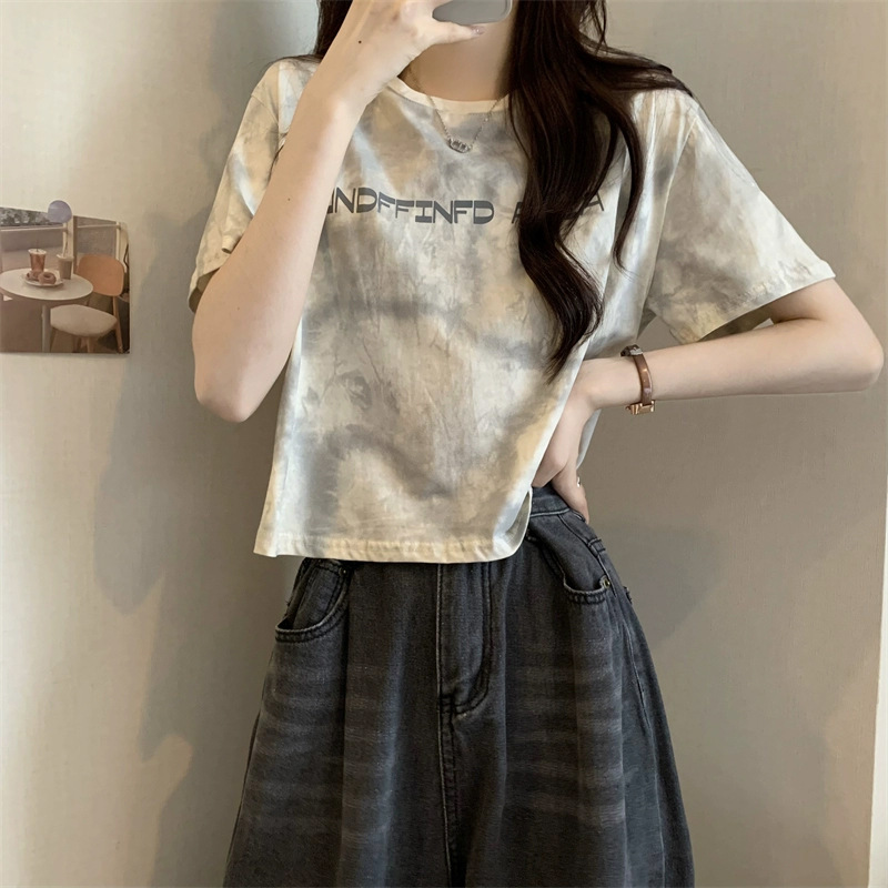 2025S Designer Women S T Shirt American Tie Dye Sleeved Letter Printed Loose Women S T Shirt Summer Design Sense Short Student Top