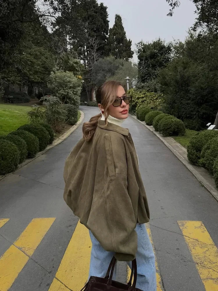 Casual womens collar suede jacket fashionable long sleeved zipper loose short 2025 spring business office bomber 250407