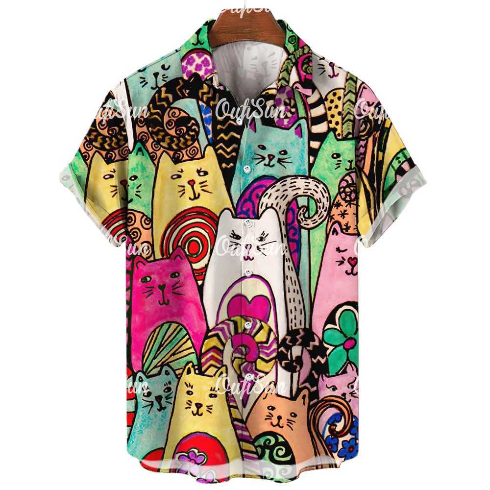 3D lapel Hawaiian mens casual short sleeved anime shirt mens summer mens street retro animal cat X250410