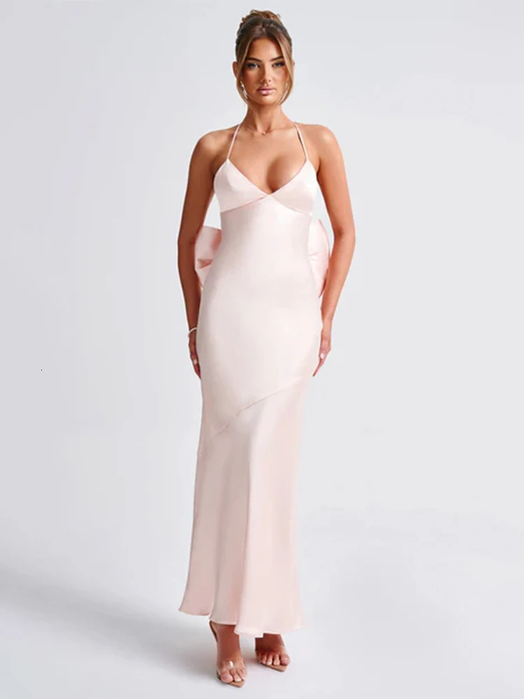 Avrilyan satin bow spaghetti strap backless sexy dress for womens elegant body party dress long nightclub dress Vestidos 250403