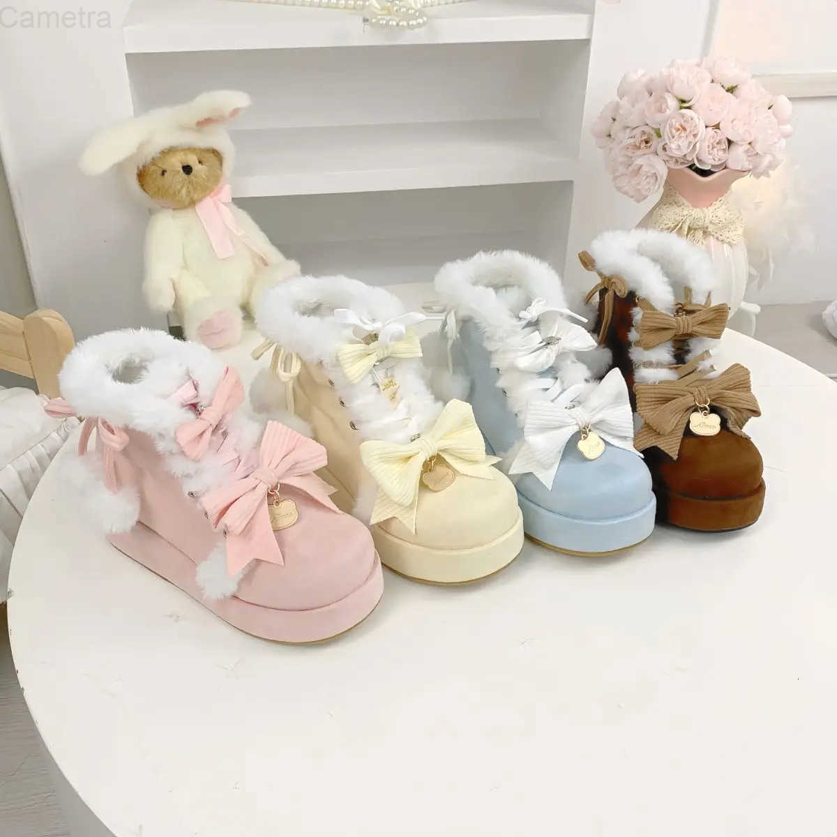 Sanrio Lovely Girls Lolita Winter Warm Snow BootsStudents Sweet Plush Bowknots PU Leather Lace Up Heightening Mid-Calf Platform Shoes H251110