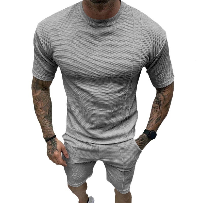 Tem summer mens casual slim fit sports top and shorts set