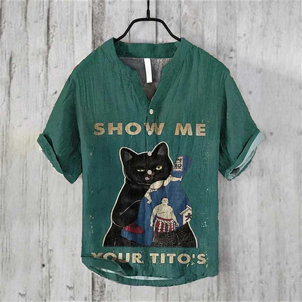 Summer mens short sleeved shirt linen printed shirt European and American popular element printed large shirt S-5XL X250410