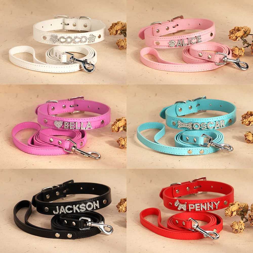Custom PU Leather Dog Collar Leash Set Personalized DIY Name Charms Collars Bling Rhinestone Pet Necklace For Small Medium Dogs J251110