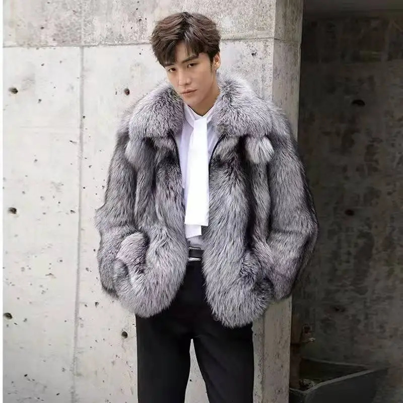 Mens Autumn Winter Fluffy Business Casual Silver Fox Fur Jacket Faux Fur Coats Fashion Charming Warm Tops 251105