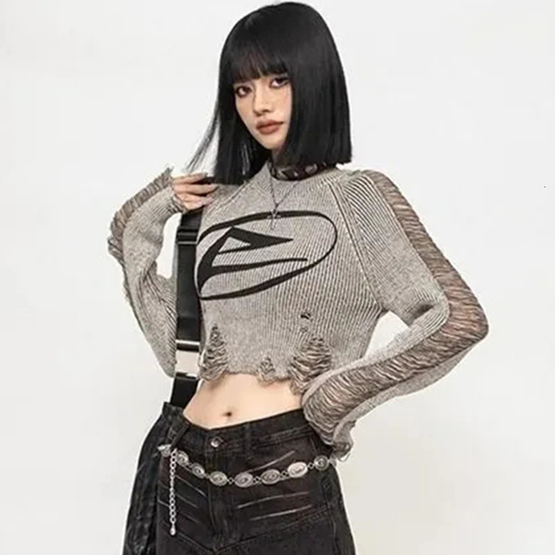 American Vintage Distressed Cropped Pullover Women Long Sleeve Street Knit Top Subculture O Neck Ripped Harajuku Y2K Sweater 251105