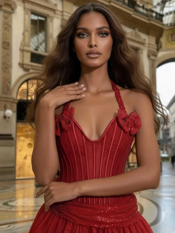 ElegantSatin A-line Party Dresses Red Sequin Spaghetti Strap Backless Floor-Length Prom Dress Women Bride Gown