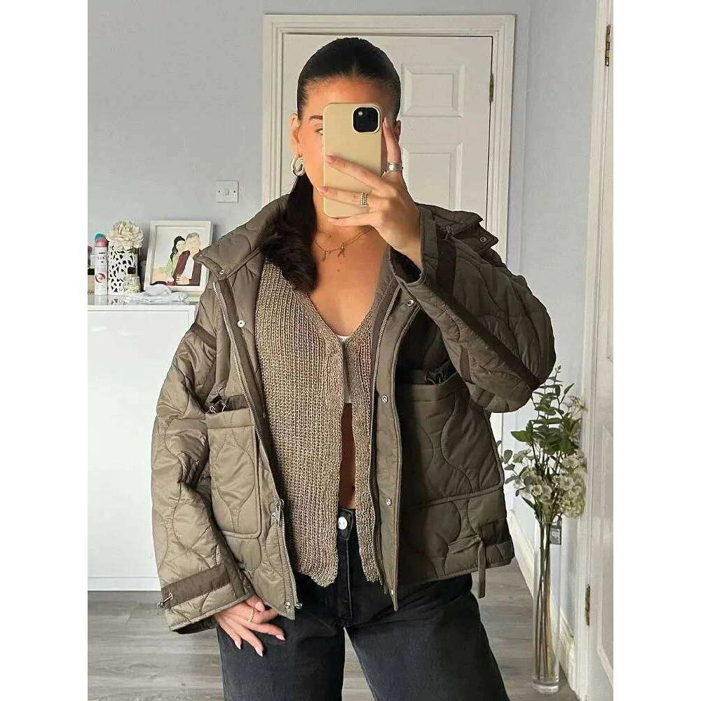 Winter Cotton Retro Solid Color Stand Collar Women's Elegant Large Pocket Quilted Highstreet Jacket