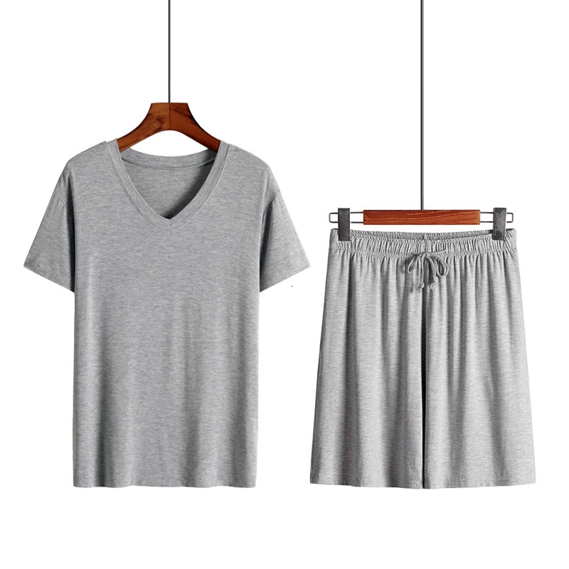 Mens 2-piece Modal Mens Summer Home Set V-neck T-shirt Thin Size Fat Large Short Sleeve Pajama 250410