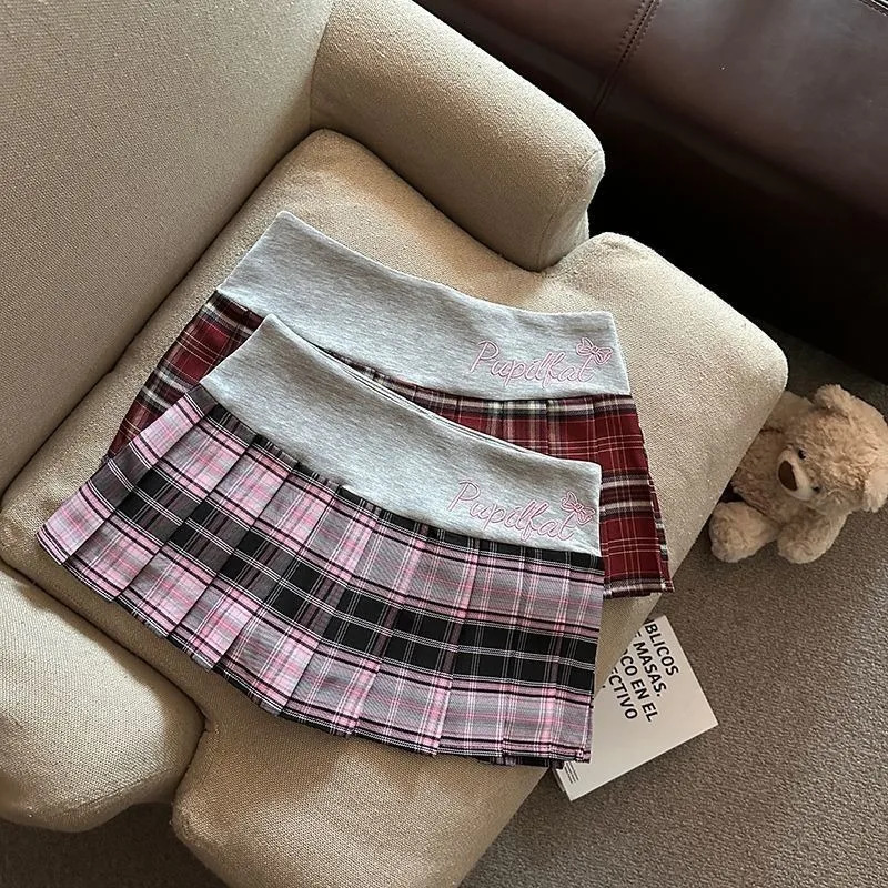 Harajuku Sweet Pink Letter ed Plaid Splitting Skirts for Women Summer High Waist Slimming Anti Exposure Wrinkle 250410