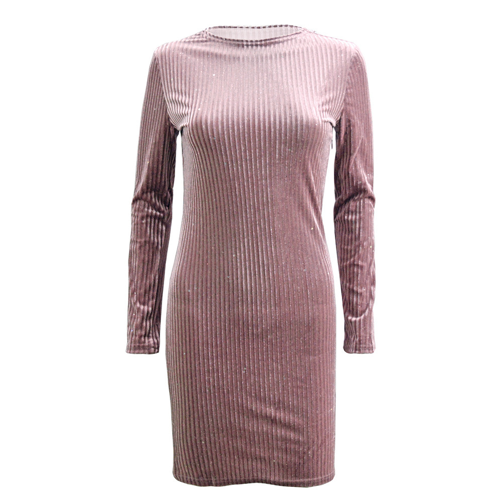 2025 Women's Sparkling Sequins Pink Velvet Long Sleeve Slim Fit Dress