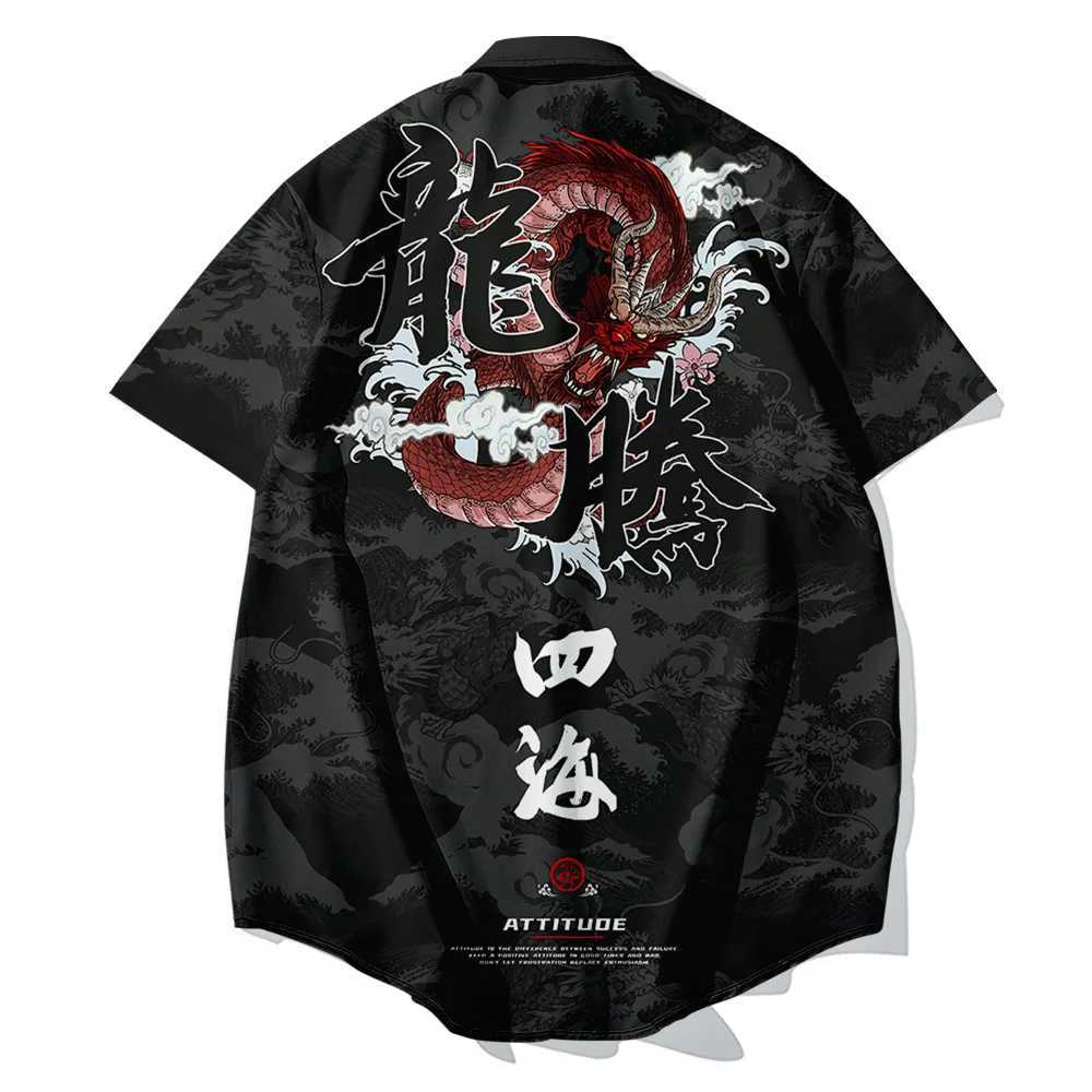 2024 HAWaiian Shirt Mens Harajuku Black Dragon Tiger Printed Ethnic Fashion super Large Ropa Hombre Camisa Corta X250410