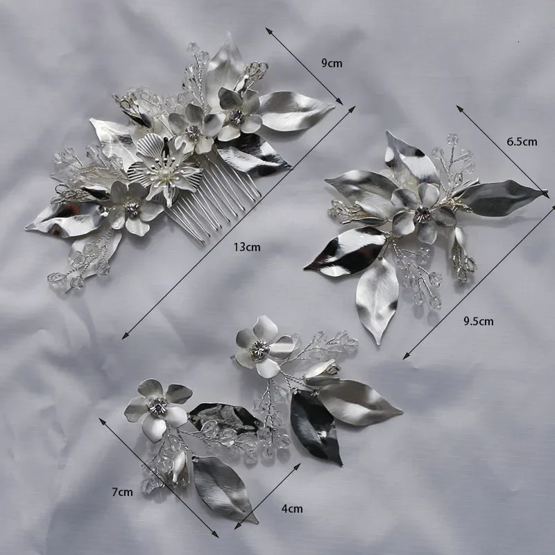 Wedding hair clip comb silver flower leaf bridal headpiece handmade crystal womens hair accessory 250409