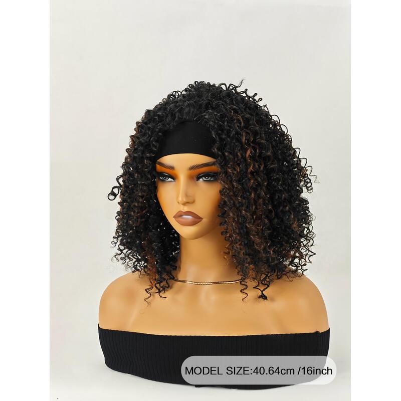 Especially Yours Wig Shoulder-Length Layers Natural Spiral Curls with Full, Bouncy Volume, Comfy Stretch Band/Runway Shades of Black Headband Kinky Cu