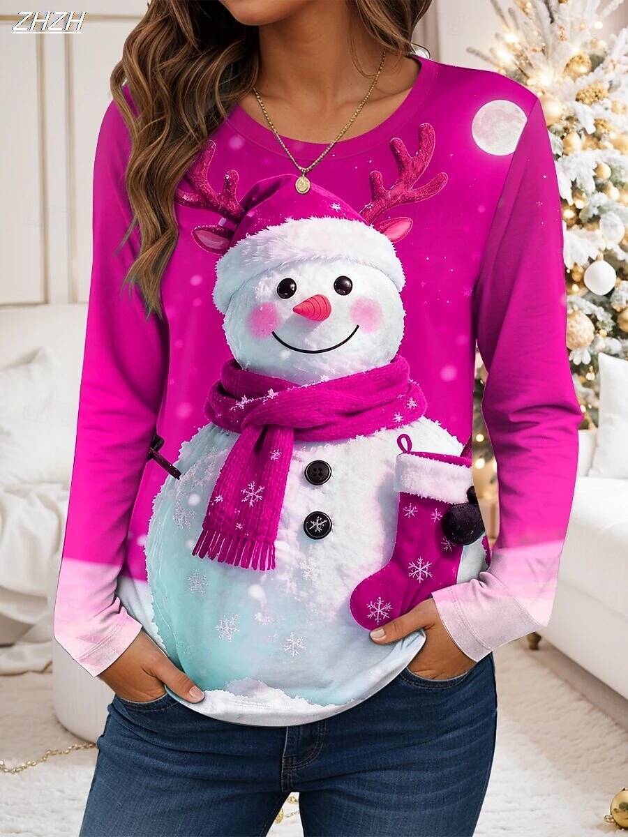 Ddmytues Christmas Women's Festive Snowman Print Long Sleeve, Holiday Graphic Top, Round Neck Casual Style, Fall Winter Seasonal Wear