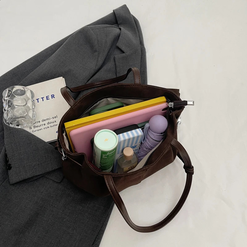 Women Suede Tote Bag with Inner Pocket Underarm Bag Solid Color Satchel Bag Large Capacity Hasp Casual Tote for Work Travel 251106