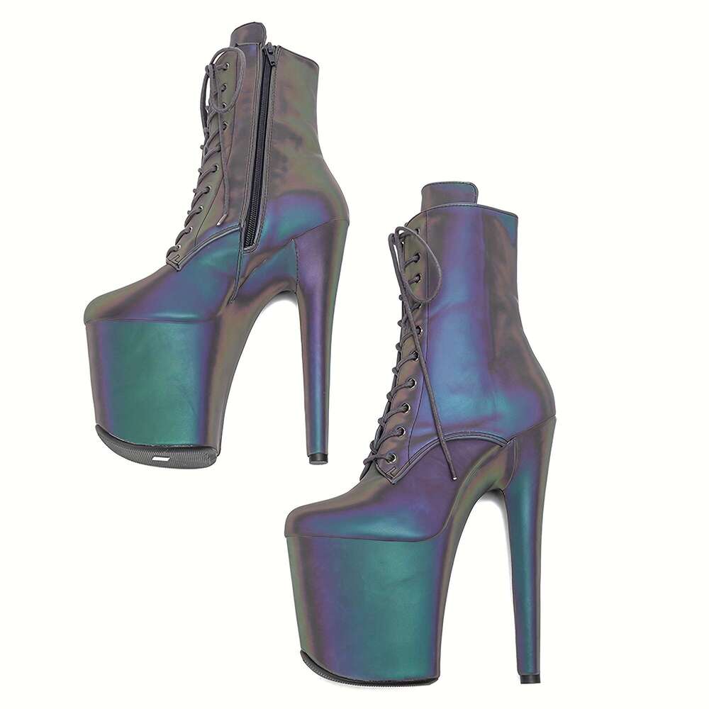 EXOHEELS Women's 8" 20Cm Iridescent Rainbow Glossy Pole - Full-Zip Ankle Strap Stiletto PU Cover Round-Toe For Stage, Nightclub, Party & All