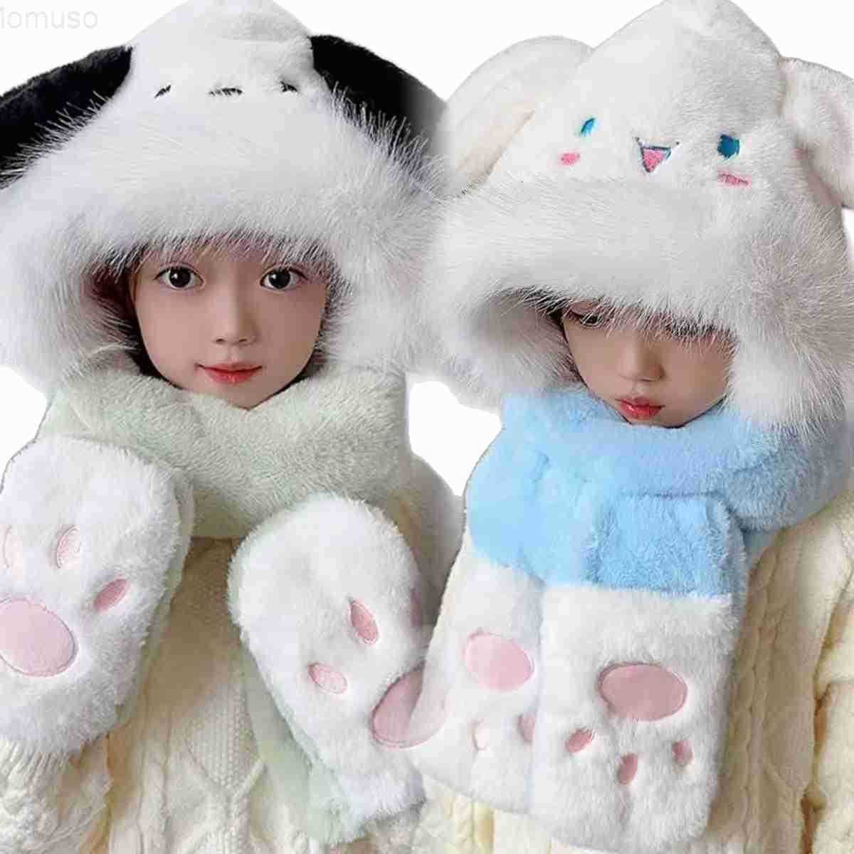 Sanrio Kuromi Childrens Winter Thickened Three-Piece Set Scarf Airbag Hat Integrated Ears Can Move H251110