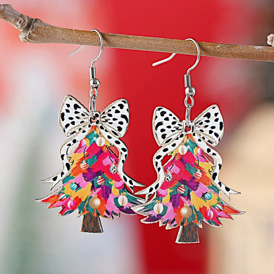 Christmas Themed Wooden DoubleSided Earrings with Cow Print Leopard Print Bow And Christmas Tree Pendant for Festive Decor 251031
