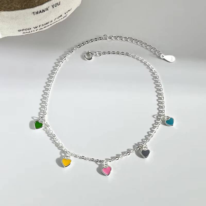 Dainty Small Heart Charm Anklet Colorful Enamel Solid 925 Sterling Silver Anklet