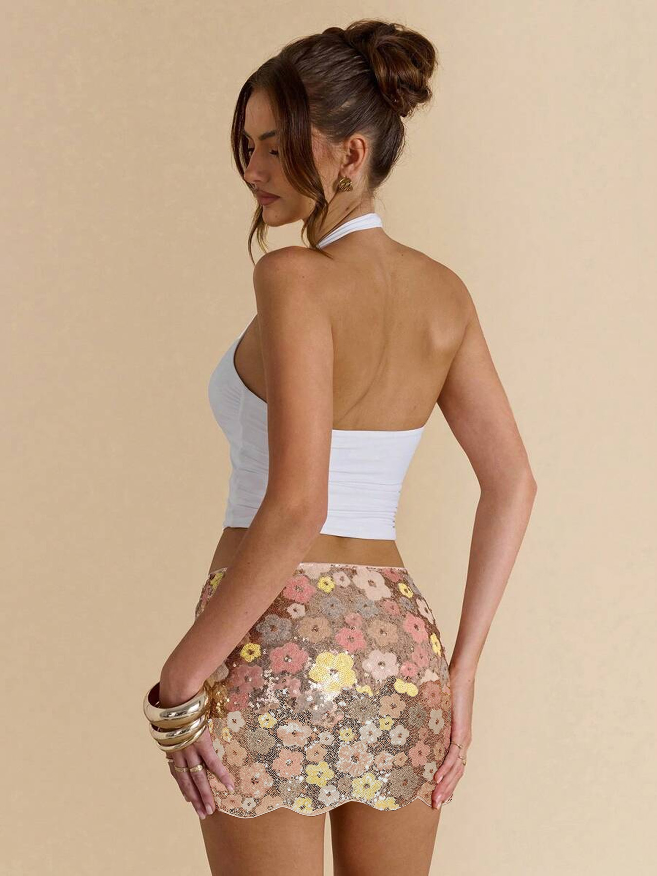 Women's Floral Sequin Mini Skirt, Scalloped Hem Short Skirt for Fashion Daily Commute---D318