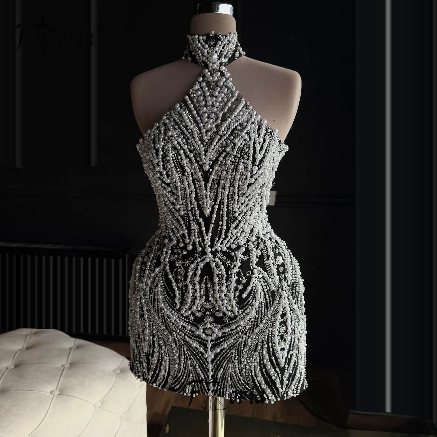 Heavy Pearls Beads Black Cocktail Dress Sleeveless Customized Short Prom Homecoming Dress Luxury Birthday Evening Gowns