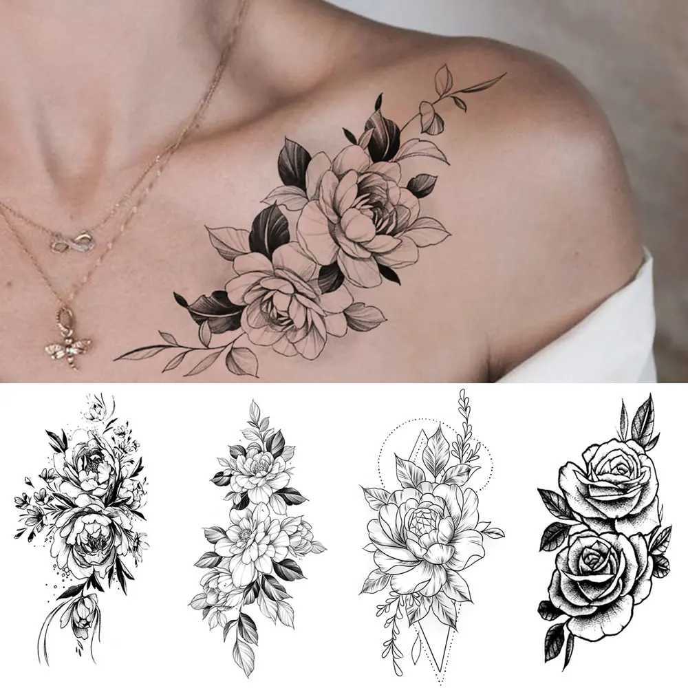 Waterproof temporary tattoo sticker paper flower rose peony geometric pattern body art arm fake tattoo sleeve women W250410