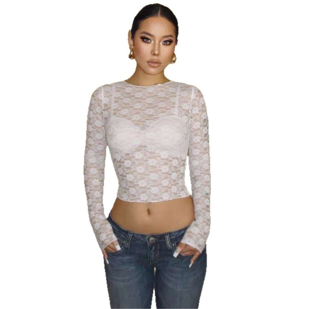 2025 New Sexy Lace Crop Top Hot Girl Amazon Beautiful Nightclub Slim Long Sleeve Shirt for Women Summer