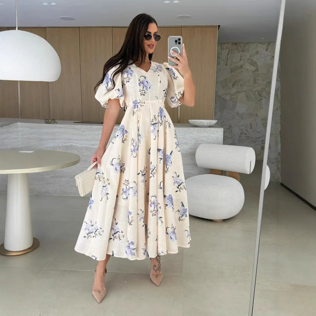 Elegant floral print bohemian dress sexy deep V-neck lace bohemian long dress womens casual puff sleeves high waisted party dress 250409
