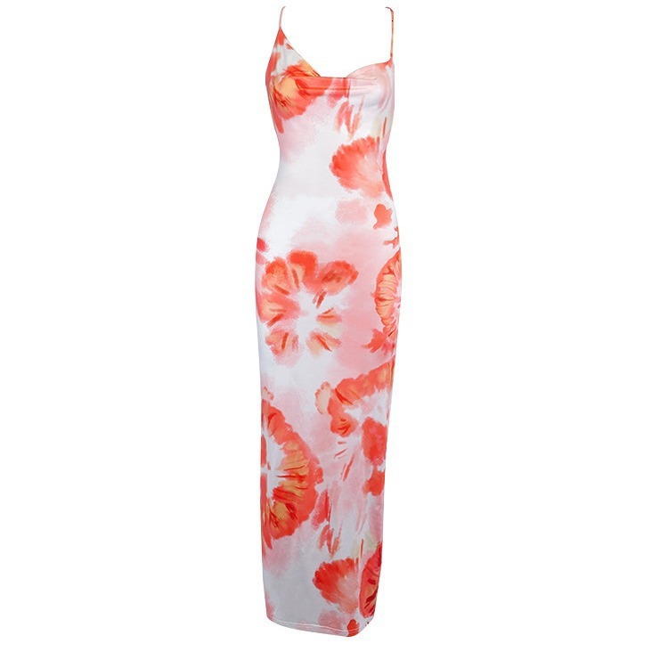 Summer Tie Dye Print Sexy Cross Back Mid length Strap Dress