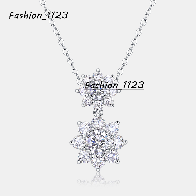 New Model Elegant Double Flower S925 Sterling Silver Women Wedding Pendant Necklace Round Cut White Moissanite Necklace