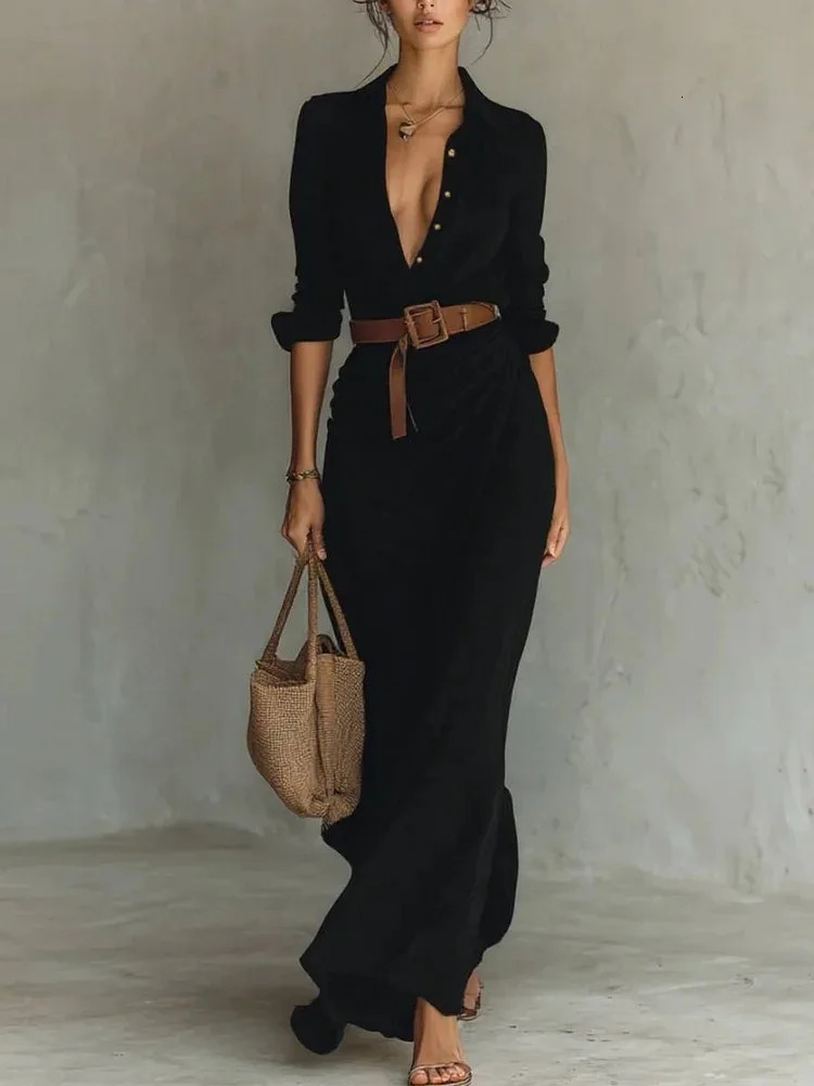 Elegant Shirt Maxi Dress with Belt Women Autumn Turn Down Collar Buttons Long Sleeve Robe Streetwear Office Ladies Dresses Black 251110