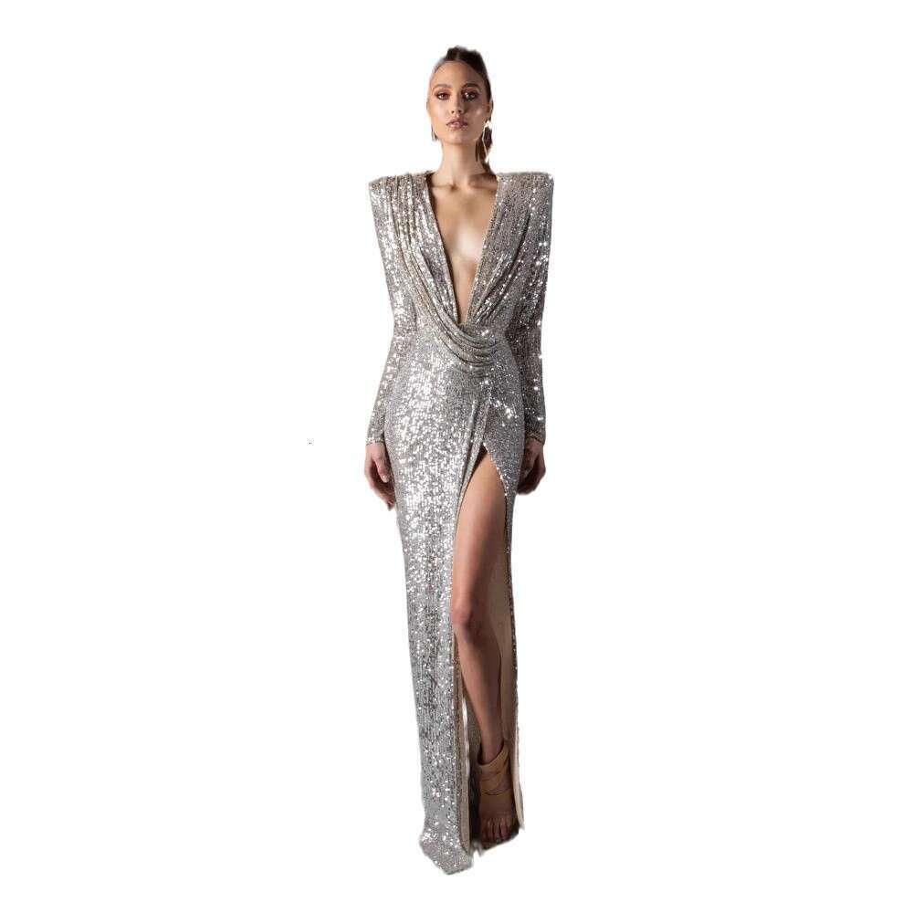 New Style Hot-Selling Sequin Deep V Pleated Night club maxi dress Celebrity Long Sleeve Evening Gown SEXY DRESSES FOR WOMEN