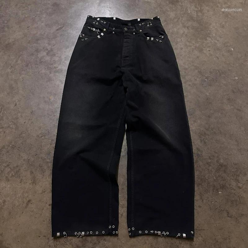 Men's Jeans Y2k Pierced Baggy Retro High Street Metal Straight Pants Gothic Hip Hop Streetwear Unisex Casual Wide Leg