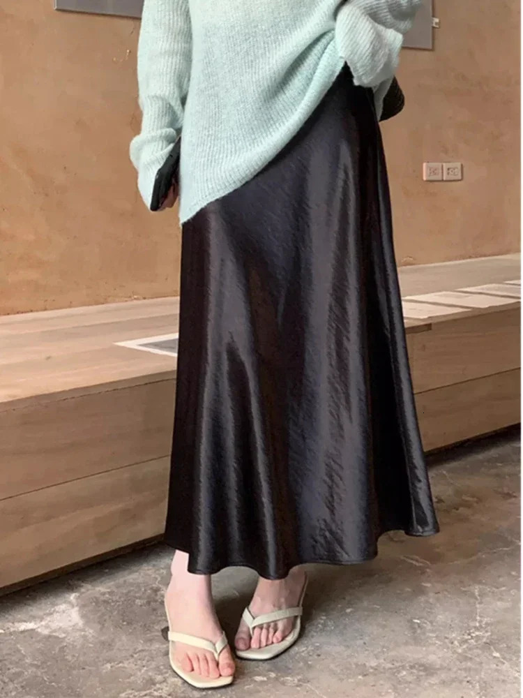 Womens skiing elastic waist spring satin silk acetate Aline elegant solid purple long fishtail skirt 250407