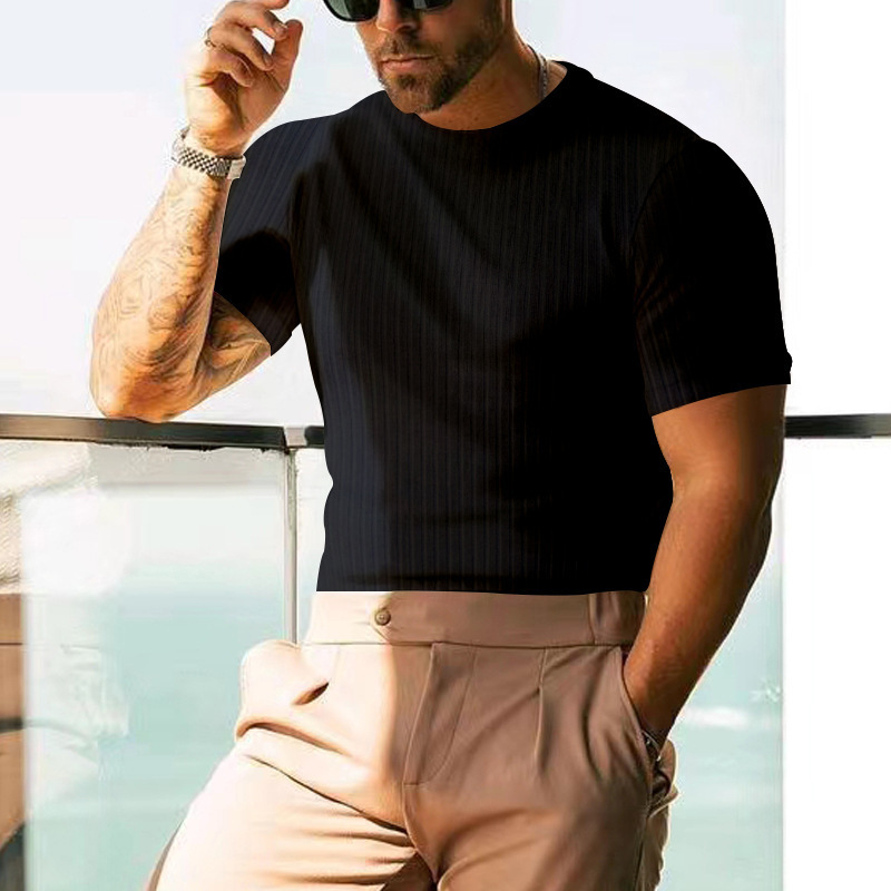 Tem 2025 Summer Mens Short Sleeve T-shirt Solid Color Casual Stripe Round Neck Slimming Henley Shirt