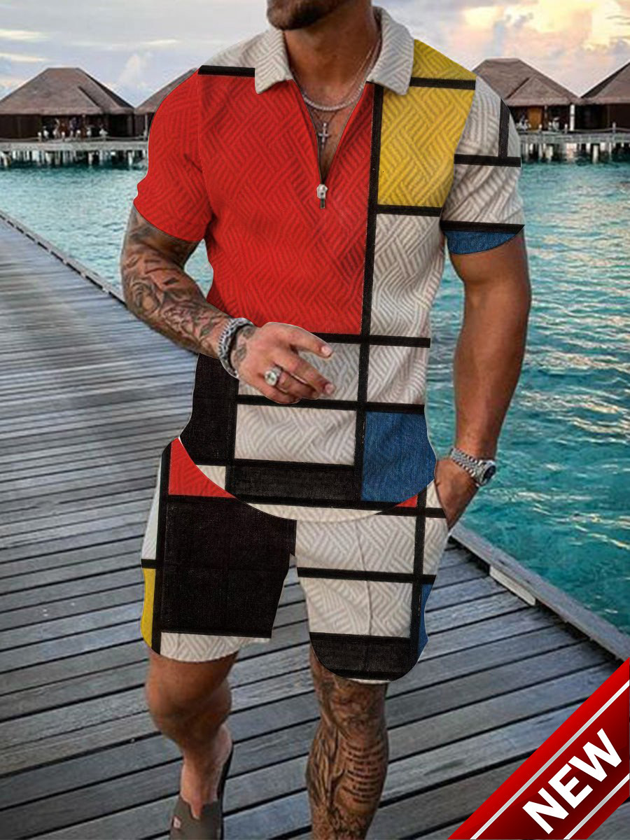 2022 mens new casual contrast Polo zipper Lapel short sleeve suit
