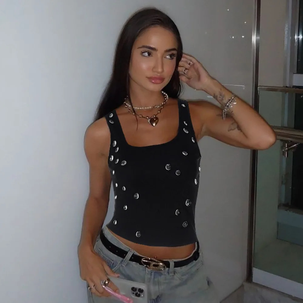 Spring and Summer Sparkling Bead Vest Womens Summer Y2k Street Clothing Sleeveless Short Vest Basic Womens T-shirt 250410